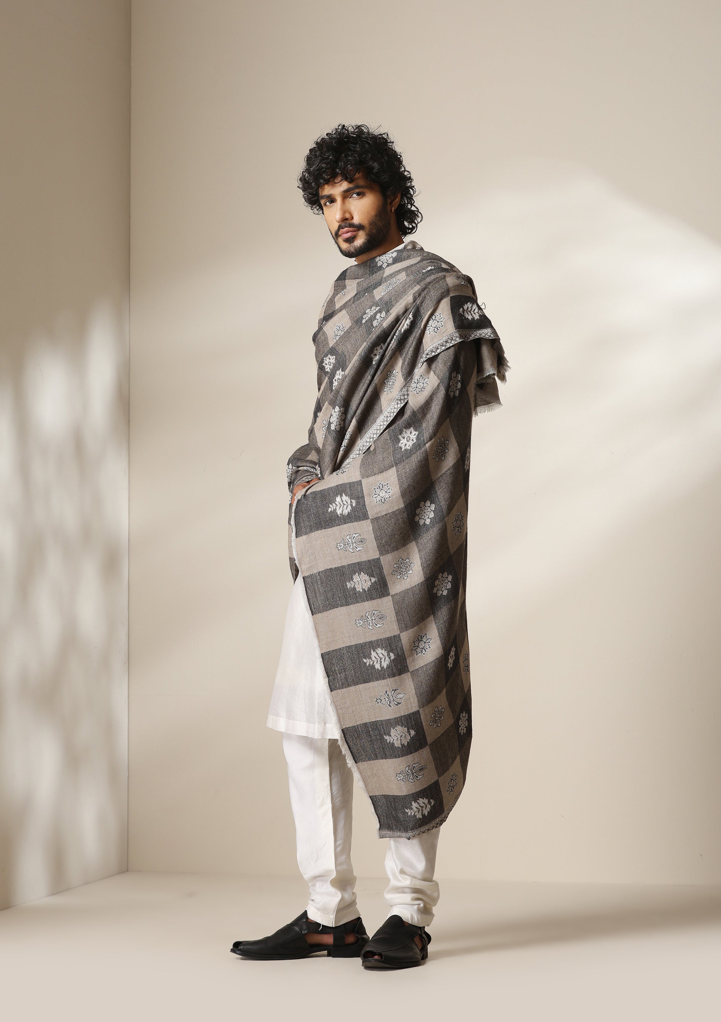 Dusala Grey Heritage Kani Check Shawl