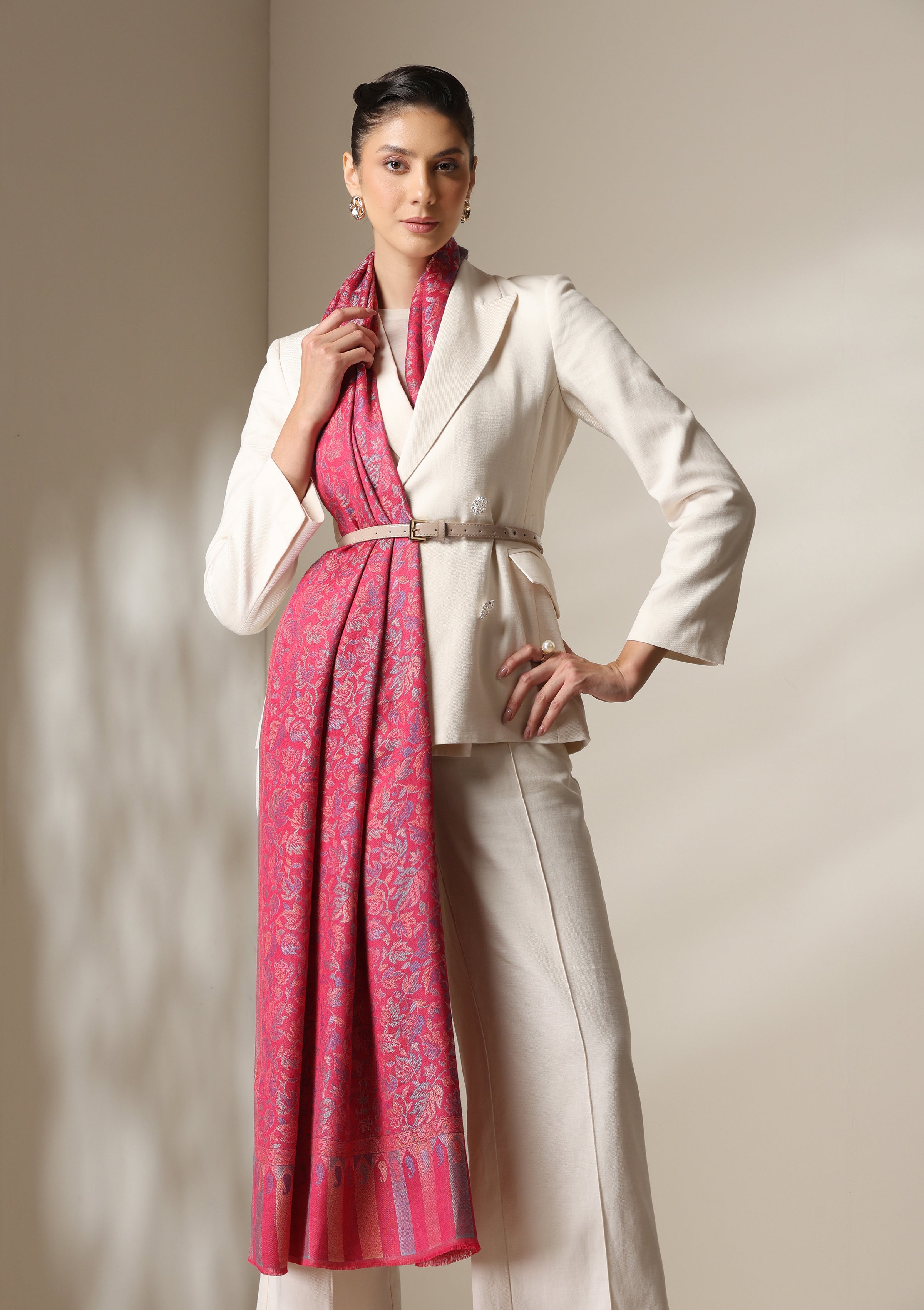 Fuschia woven kani floral stole
