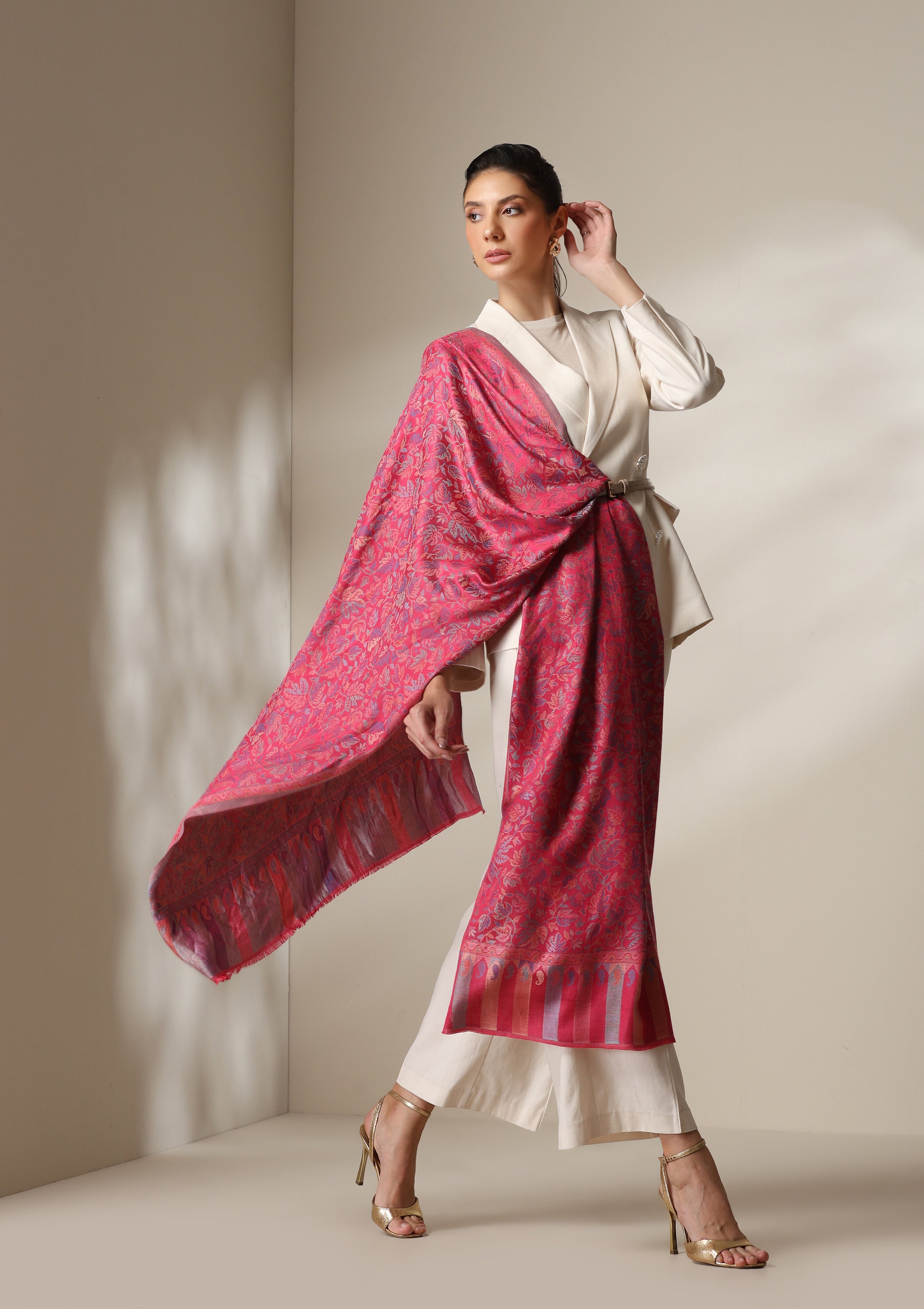 Fuschia woven kani floral stole