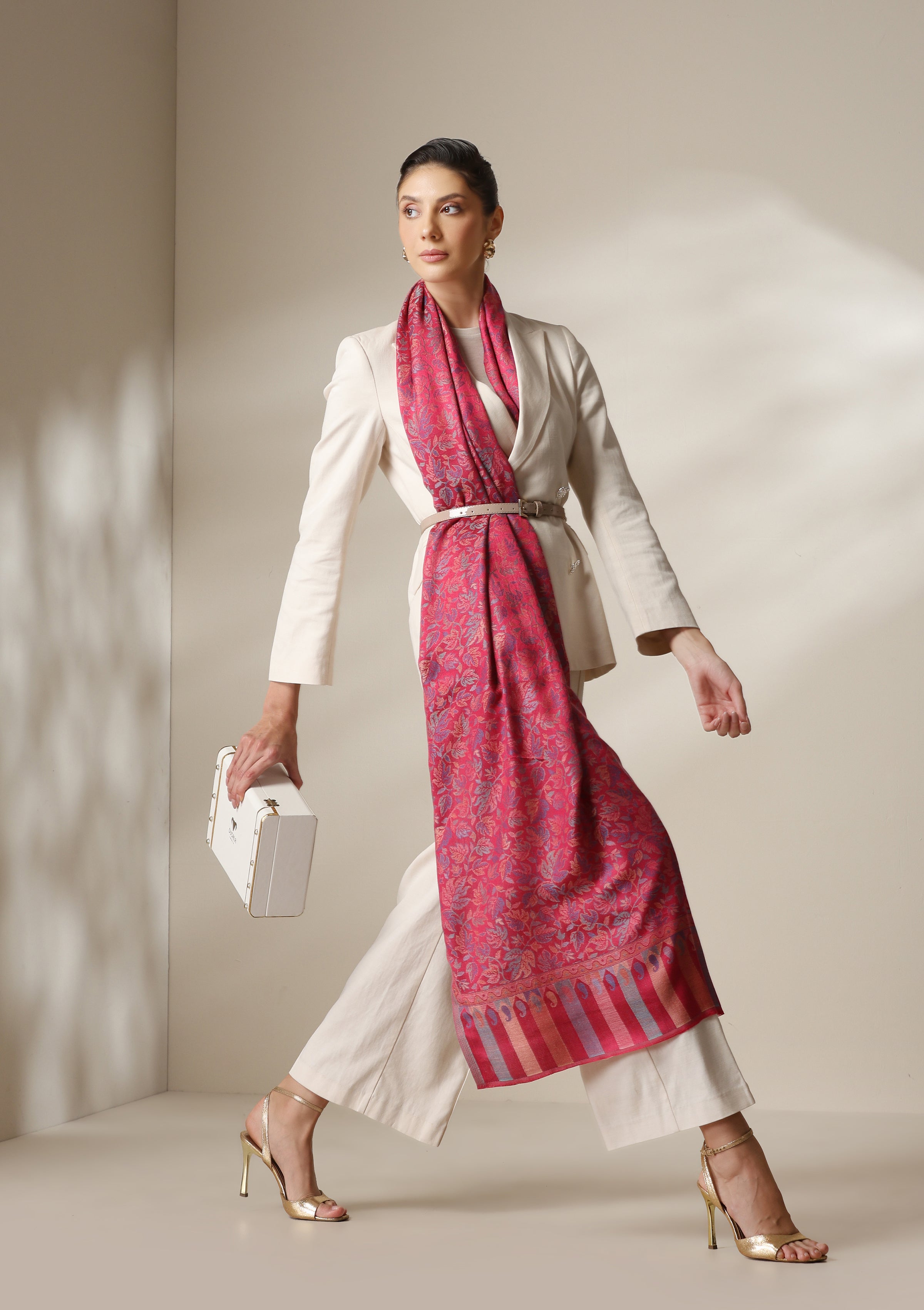 Fuschia woven kani floral stole