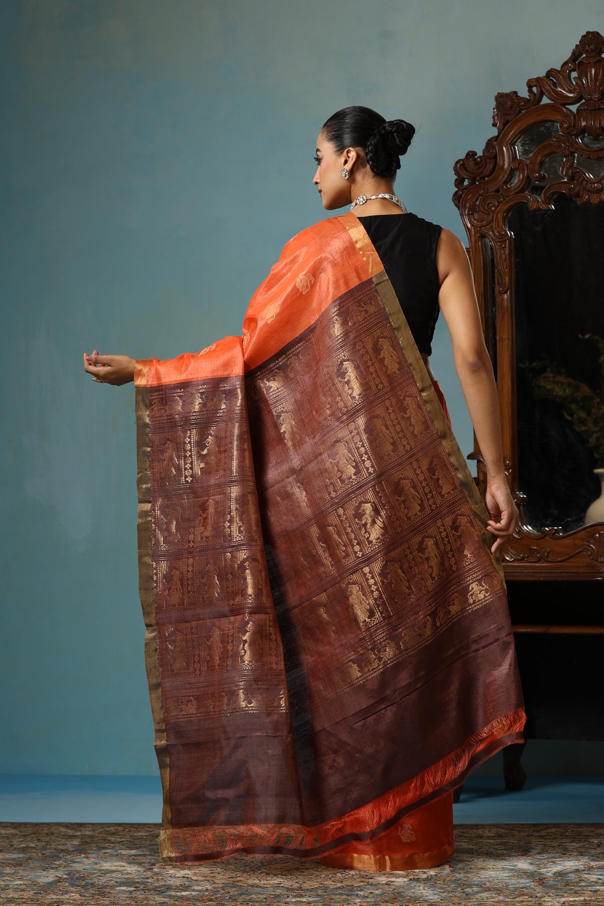 Lily handwoven orange Kosa Silk Mark Saree