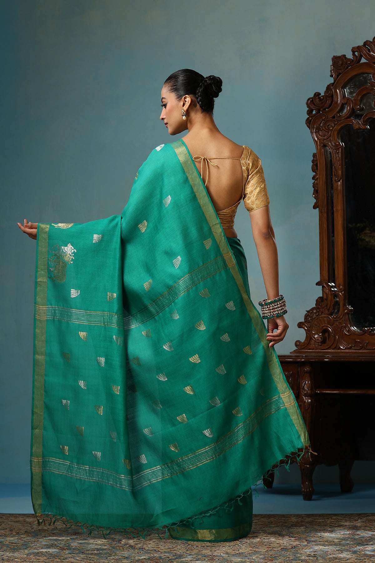 Poppy Handwoven Sea Green Kosa Silk Mark Saree