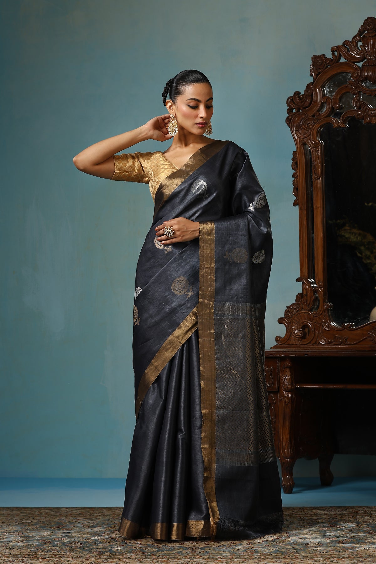 Camellia Handwoven Dark Grey Kosa Silk Mark Saree