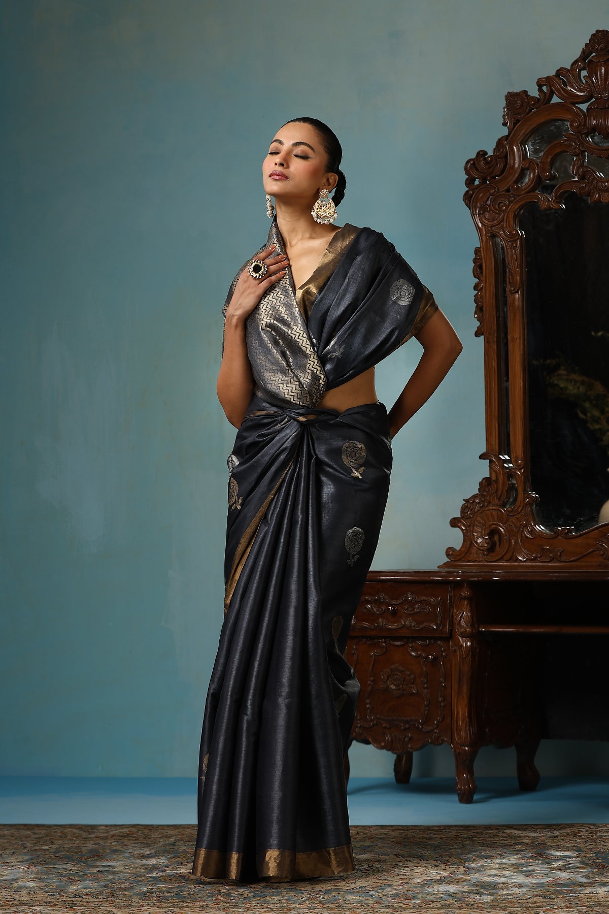 Camellia Handwoven Dark Grey Kosa Silk Mark Saree