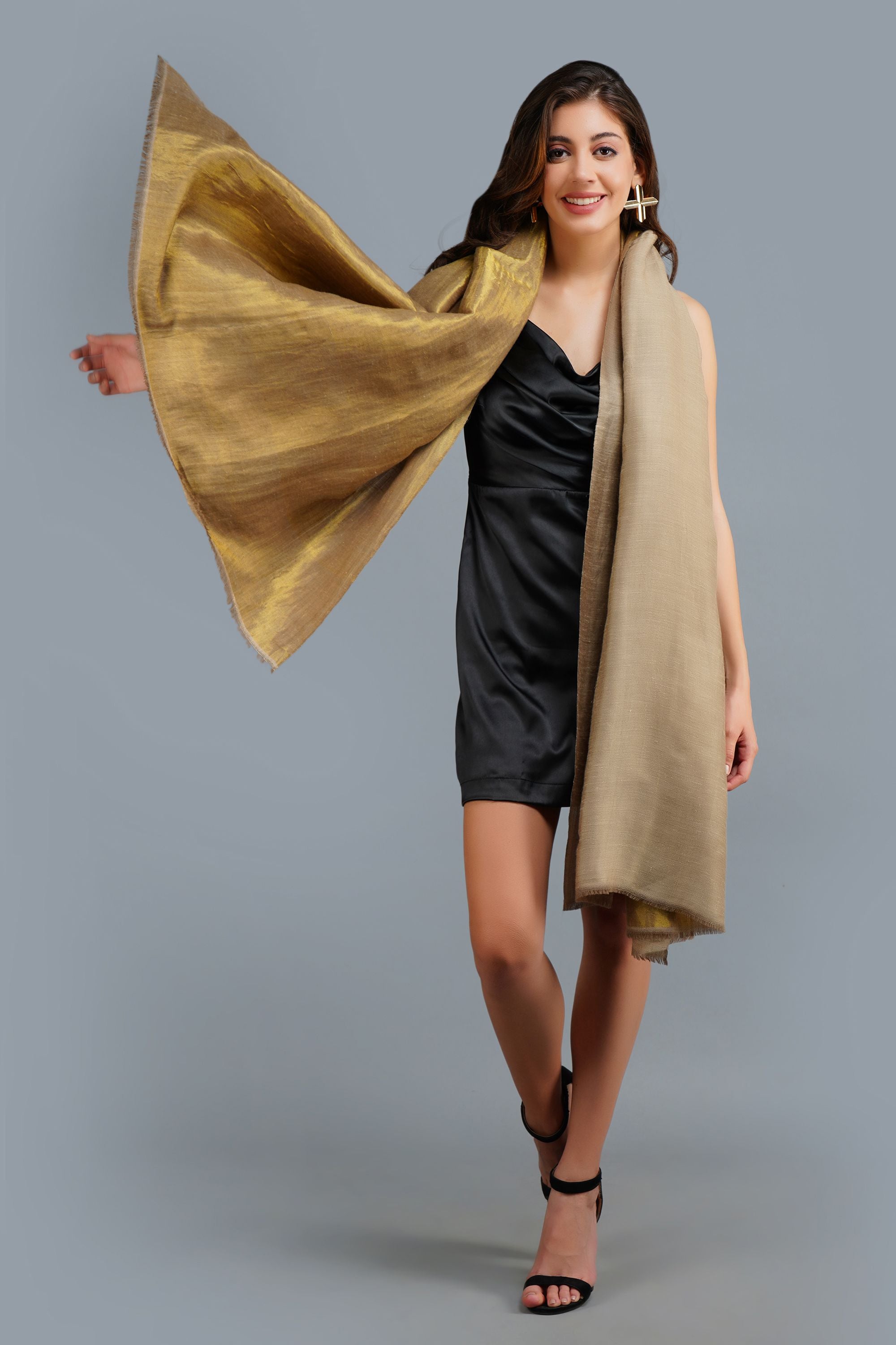 Golden Beige Reversible Handwoven Zari Shawl