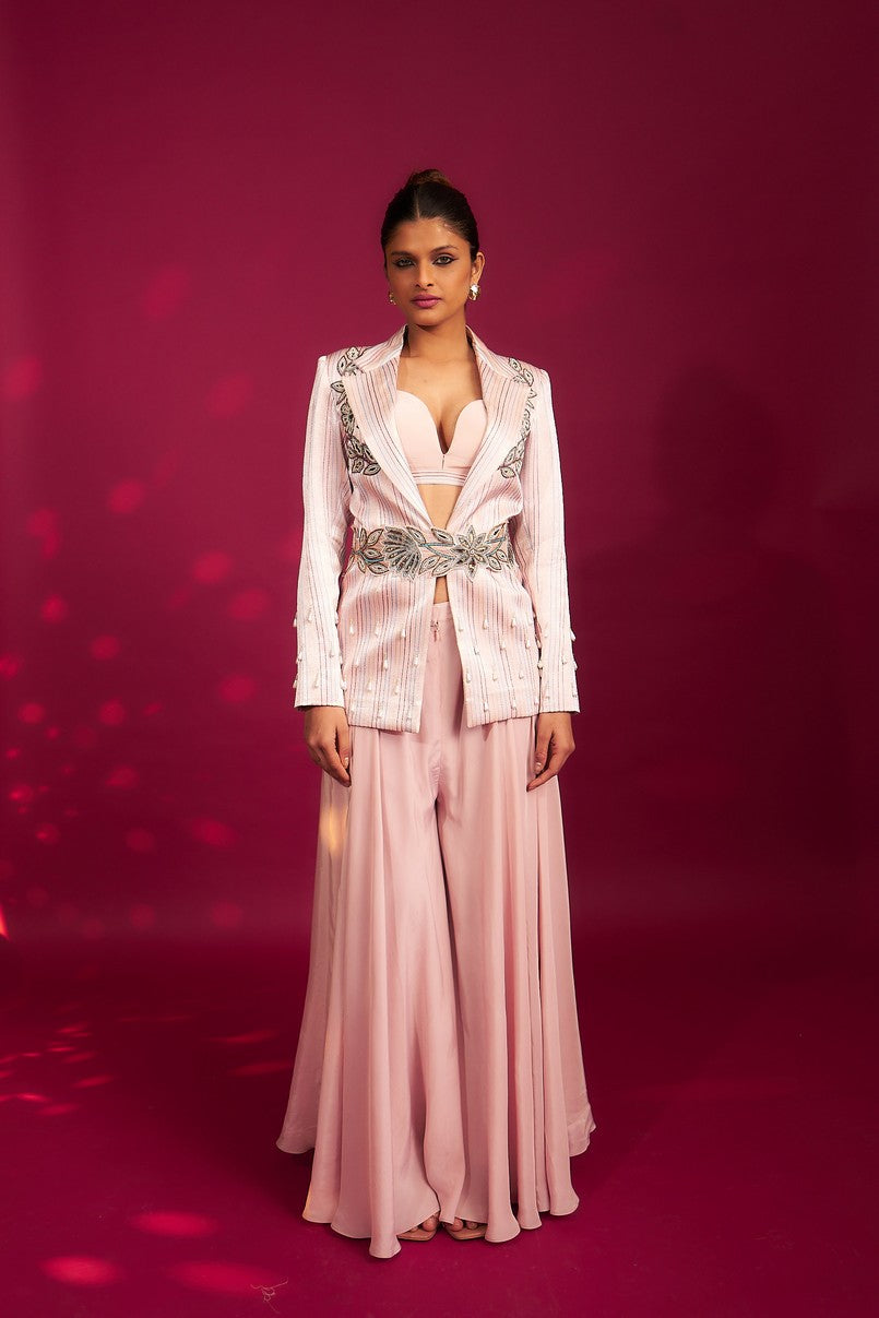 Peachy Pink Bralette and flare pants with embellished ajrakh patchworked jacket