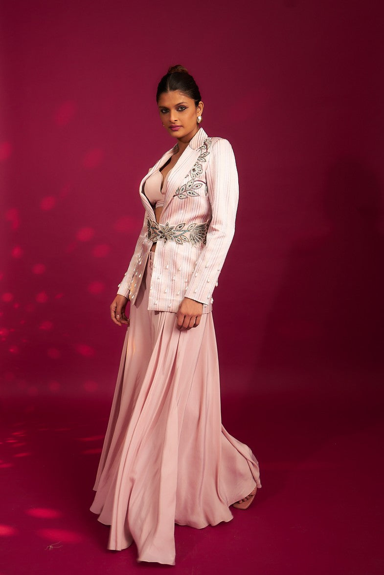 Peachy Pink Bralette and flare pants with embellished ajrakh patchworked jacket