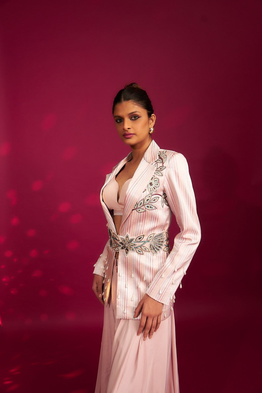 Peachy Pink Bralette and flare pants with embellished ajrakh patchworked jacket