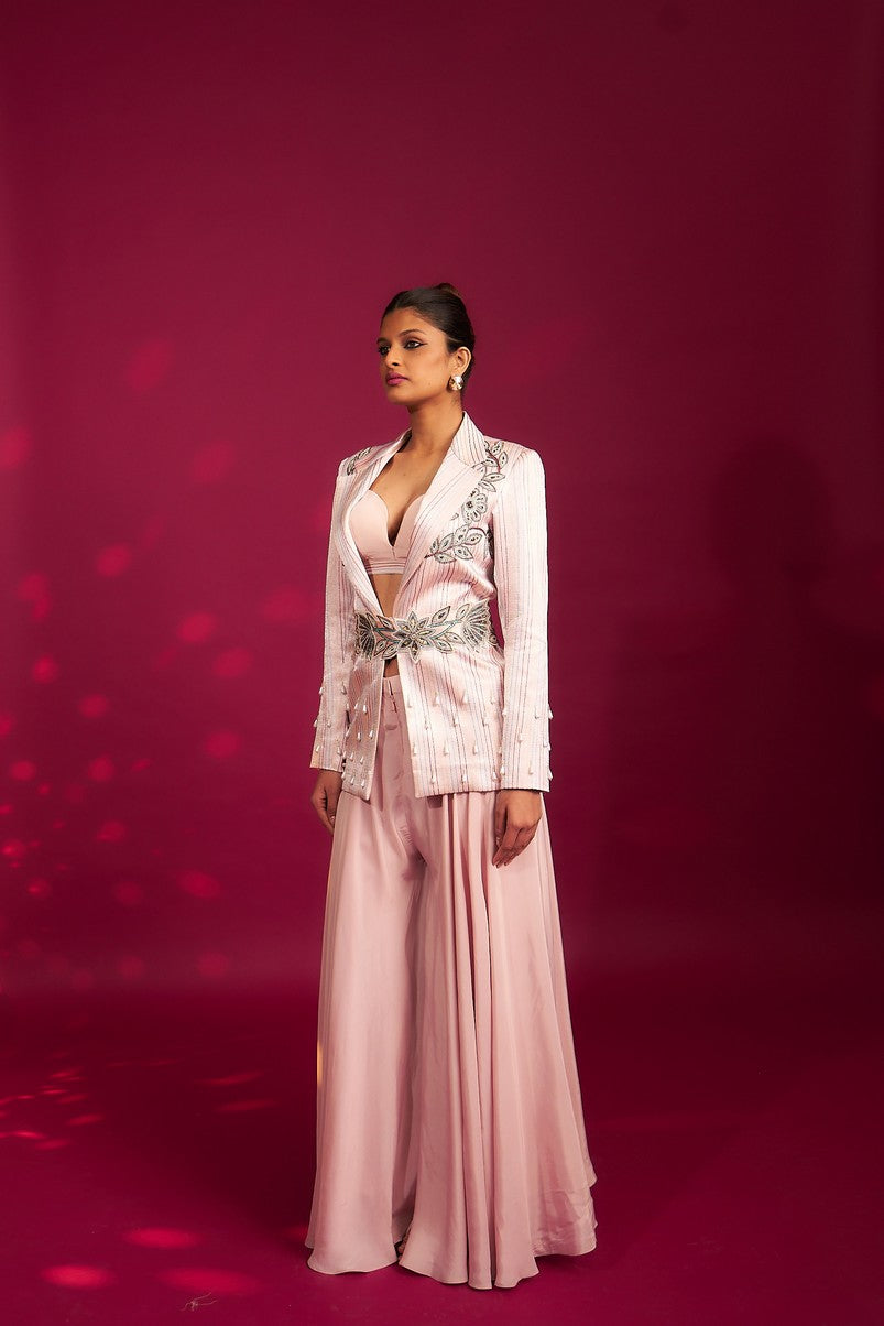 Peachy Pink Bralette and flare pants with embellished ajrakh patchworked jacket