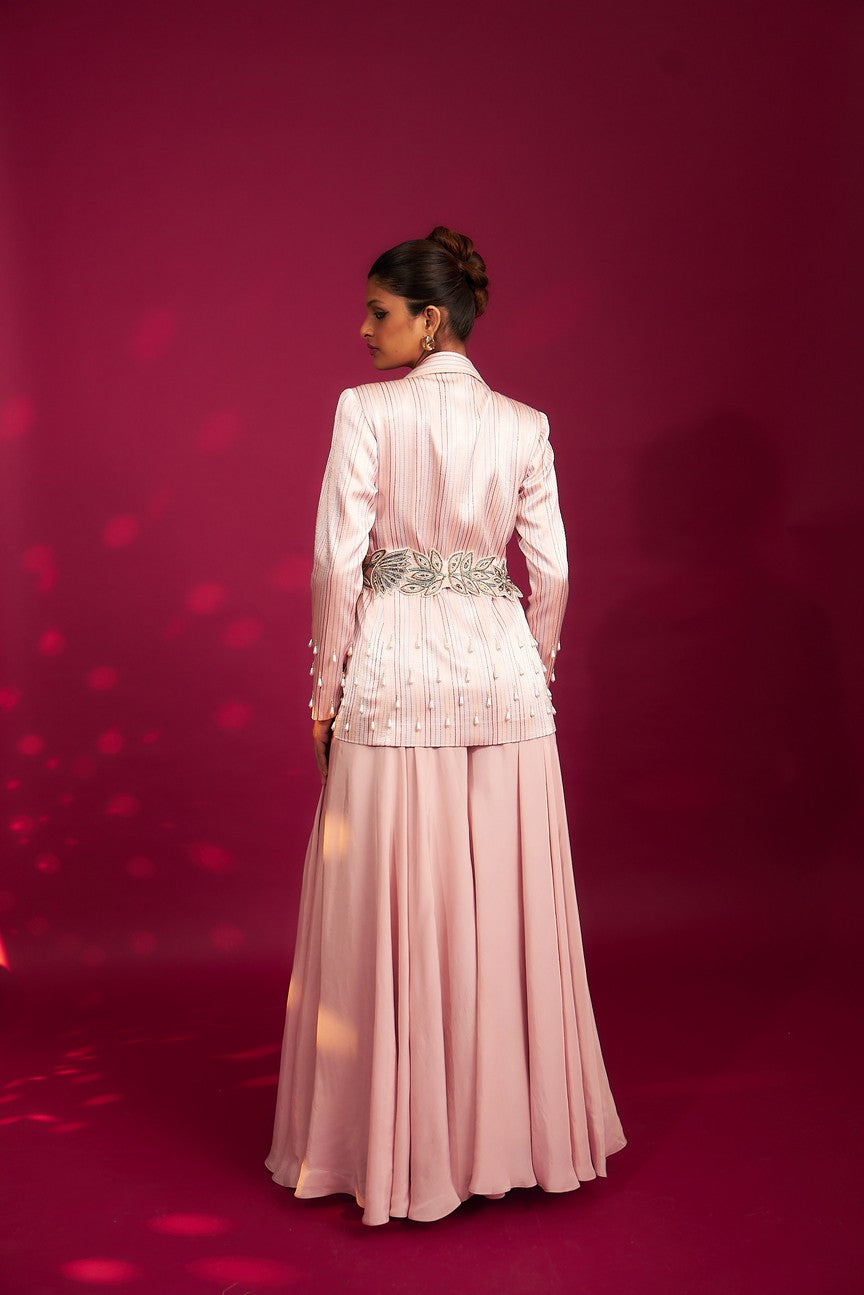 Peachy Pink Bralette and flare pants with embellished ajrakh patchworked jacket