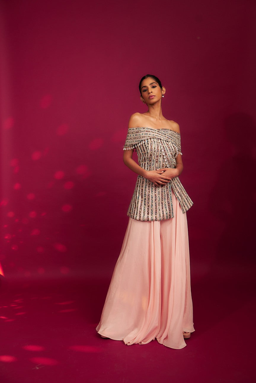 Peacy Pink Off shoulder stripwork peplum top with Flare pants