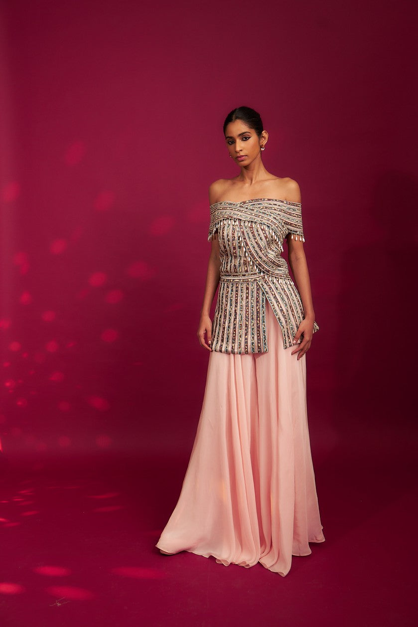 Peacy Pink Off shoulder stripwork peplum top with Flare pants