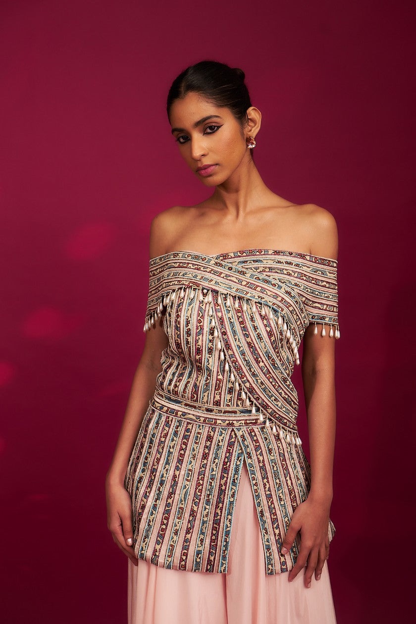 Peacy Pink Off shoulder stripwork peplum top with Flare pants