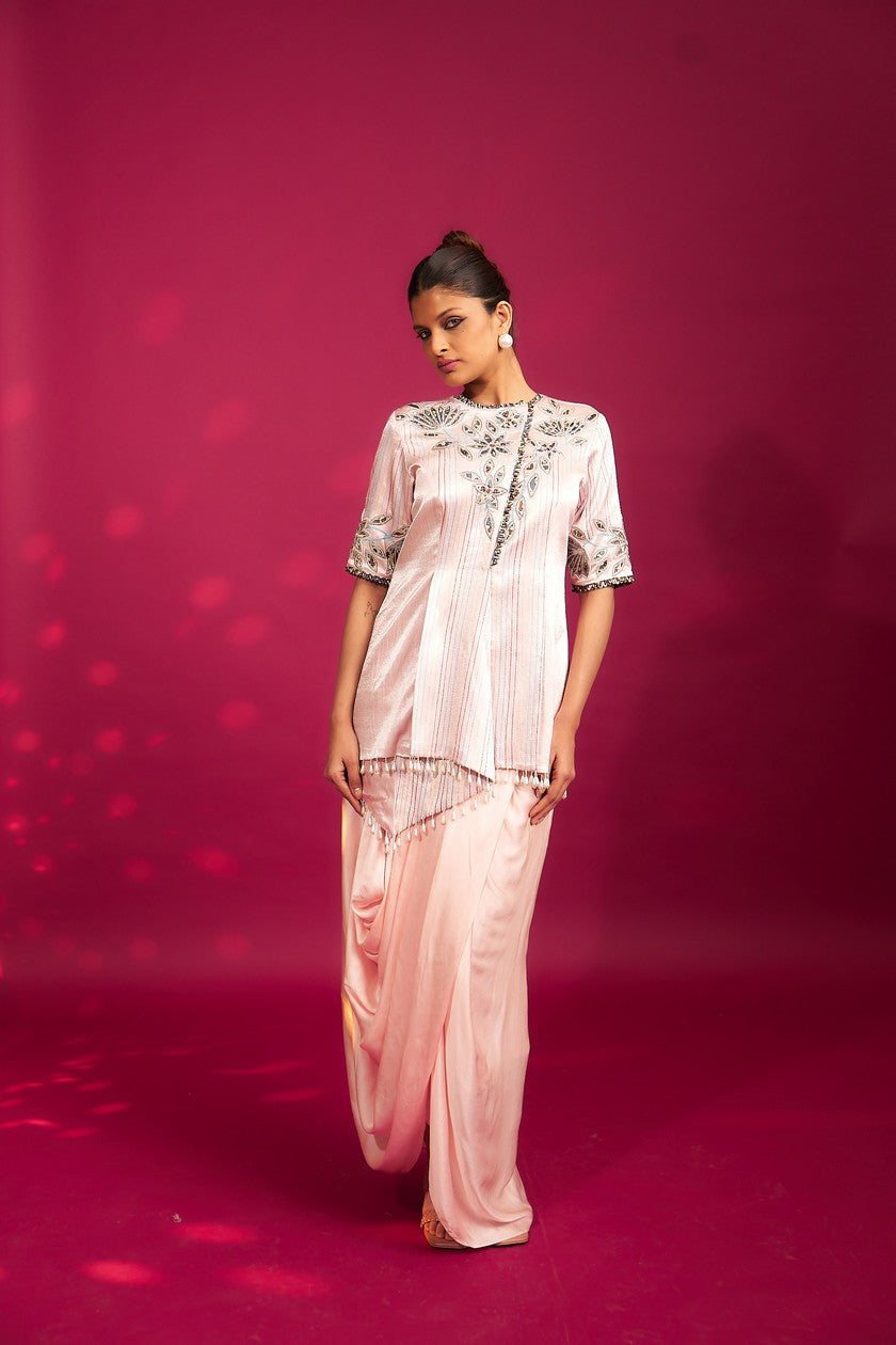 Peachy pink Embellished ajrakh jacket with drape dhoti skirt