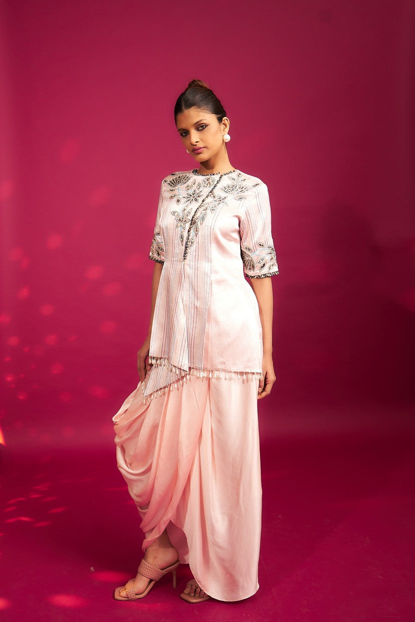Peachy pink Embellished ajrakh jacket with drape dhoti skirt