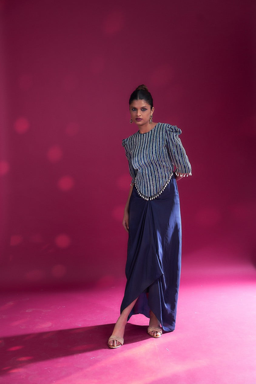 Deep blue embellished ajrakh drape dress