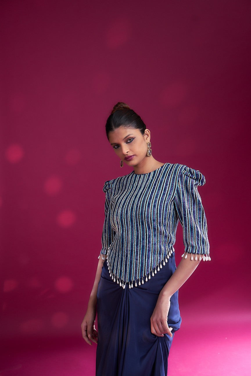 Deep blue embellished ajrakh drape dress