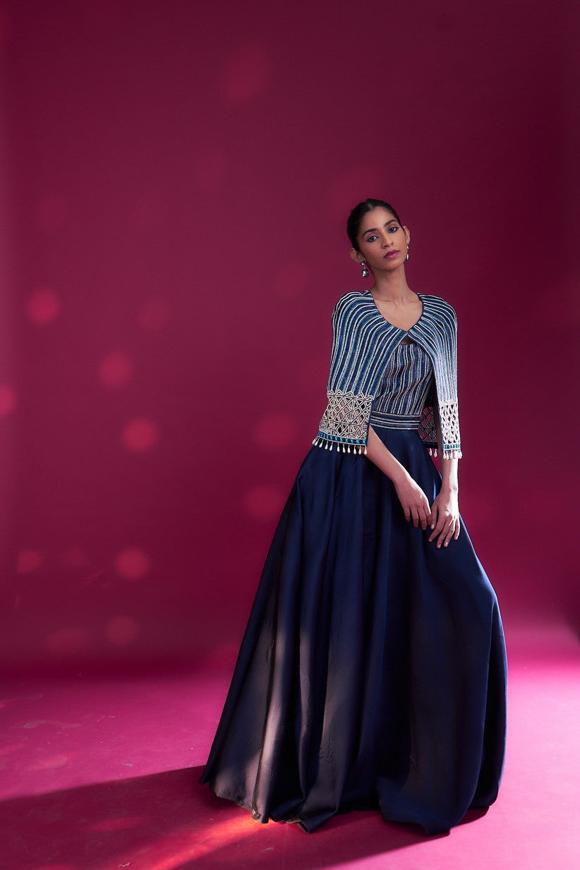Deep blue ajrakh embellished jumpsuit with fully embsllished ajrakh stripwork cape jacket