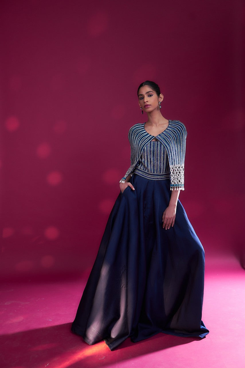 Deep blue ajrakh embellished jumpsuit with fully embsllished ajrakh stripwork cape jacket