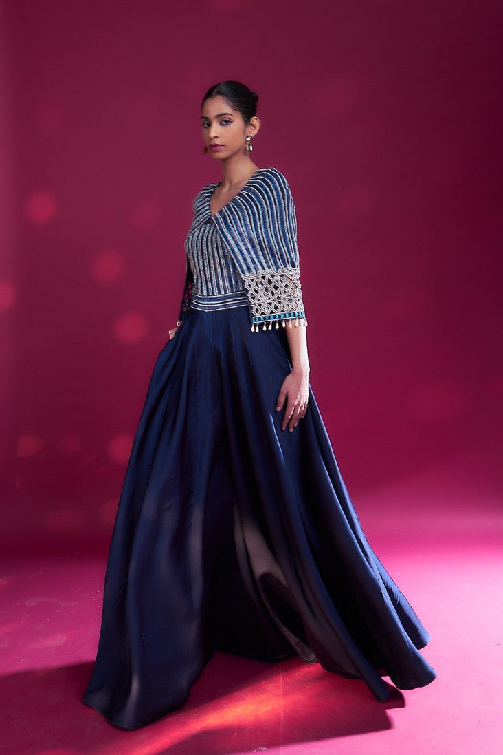 Deep blue ajrakh embellished jumpsuit with fully embsllished ajrakh stripwork cape jacket