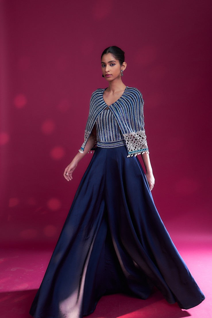 Deep blue ajrakh embellished jumpsuit with fully embsllished ajrakh stripwork cape jacket