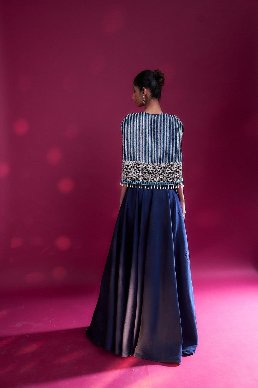 Deep blue ajrakh embellished jumpsuit with fully embsllished ajrakh stripwork cape jacket