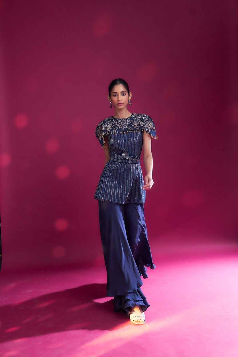 Deep blue ajrakh stripwork jpeplum top with flare pants