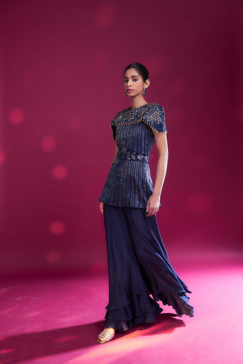 Deep blue ajrakh stripwork jpeplum top with flare pants