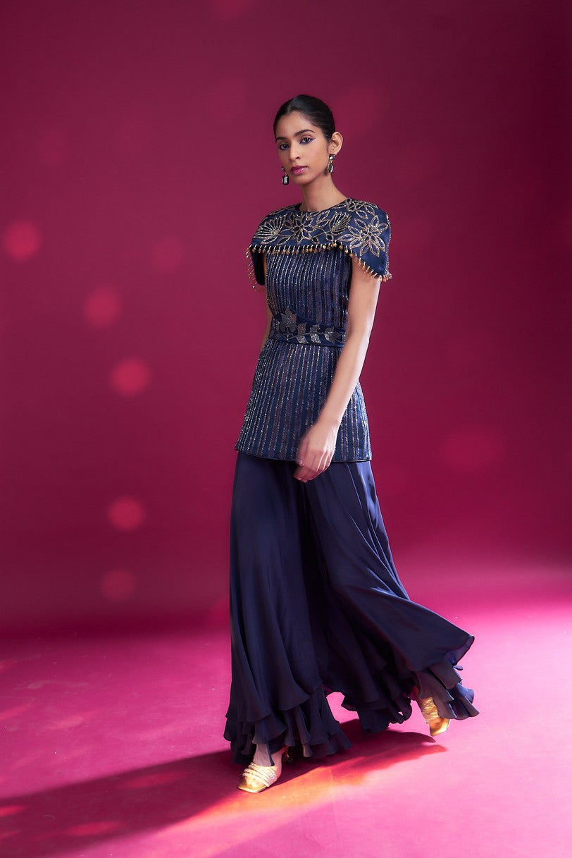 Deep blue ajrakh stripwork jpeplum top with flare pants