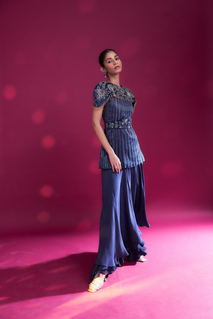 Deep blue ajrakh stripwork jpeplum top with flare pants