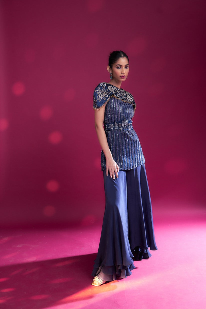 Deep blue ajrakh stripwork jpeplum top with flare pants