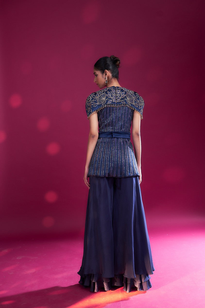 Deep blue ajrakh stripwork jpeplum top with flare pants