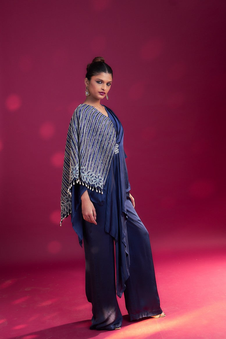 Deep blue Fully embroidered single flap jumpsuit