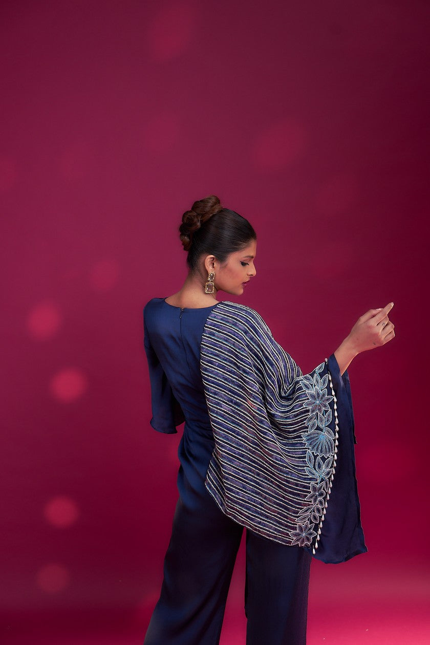 Deep blue Fully embroidered single flap jumpsuit