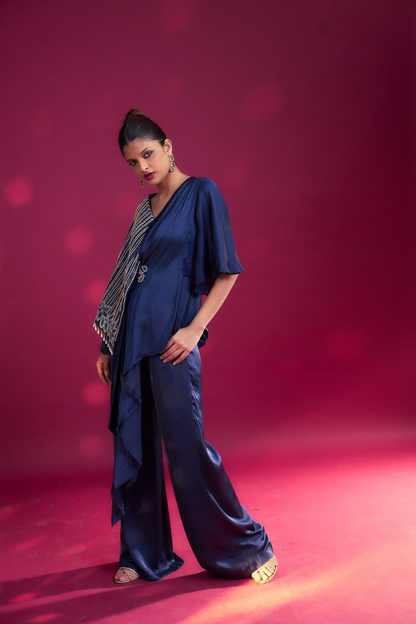 Deep blue Fully embroidered single flap jumpsuit
