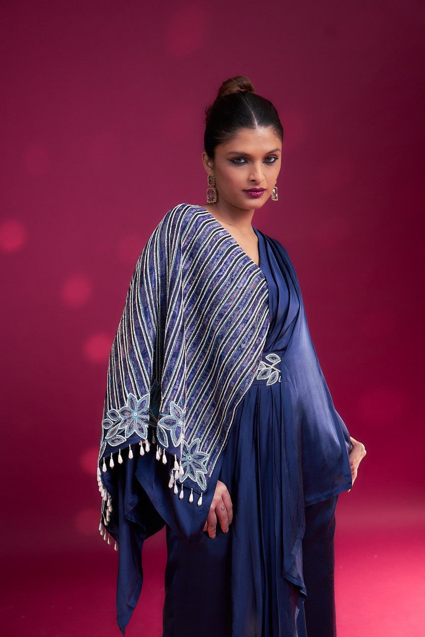 Deep blue Fully embroidered single flap jumpsuit