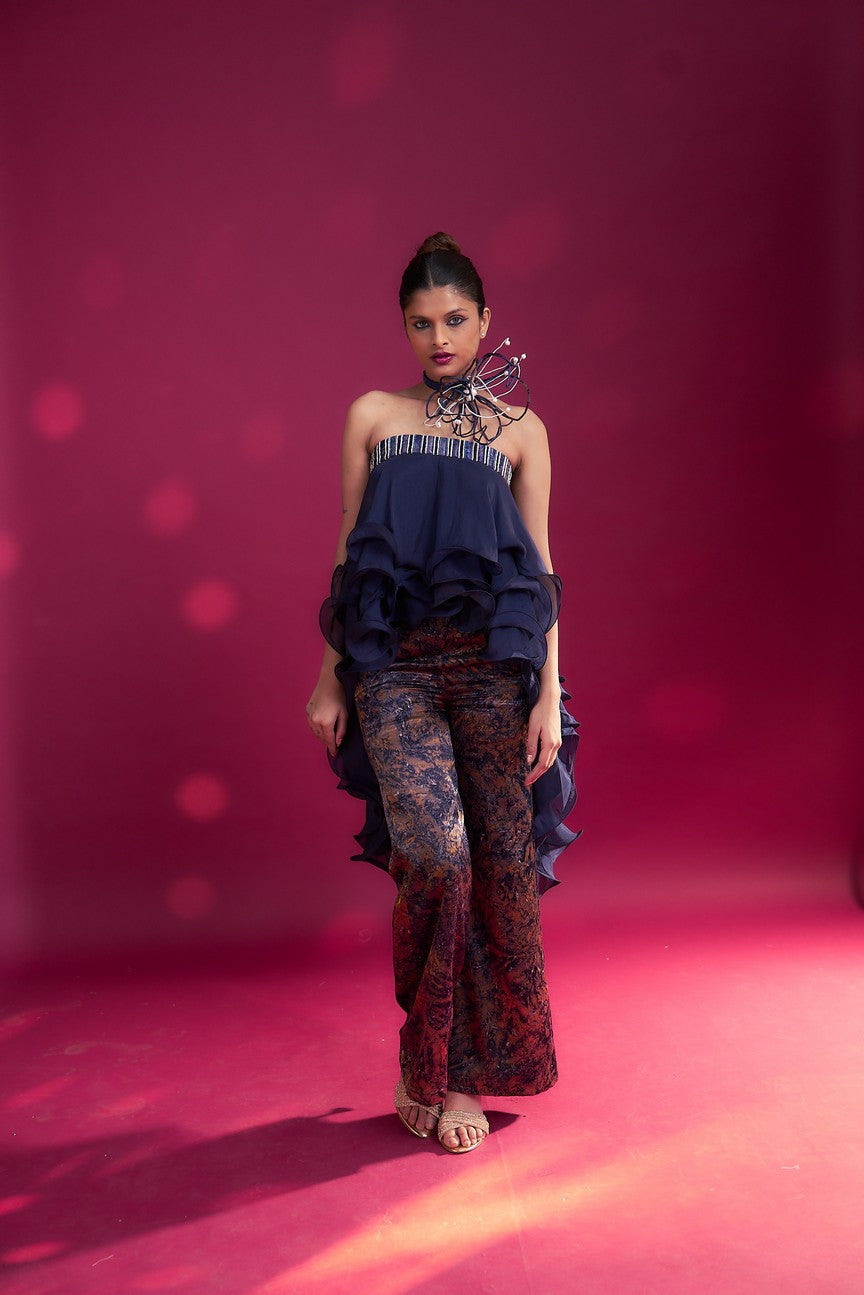 Deep blue embroidered ruffled top with ajrakh pants