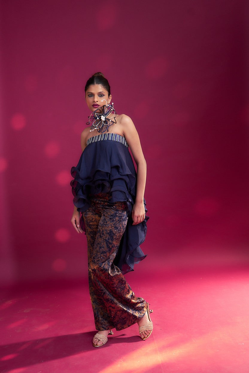 Deep blue embroidered ruffled top with ajrakh pants
