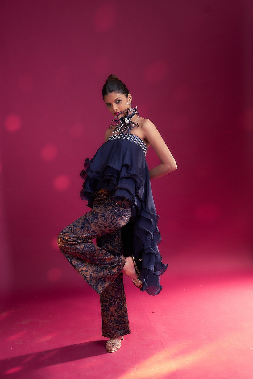 Deep blue embroidered ruffled top with ajrakh pants