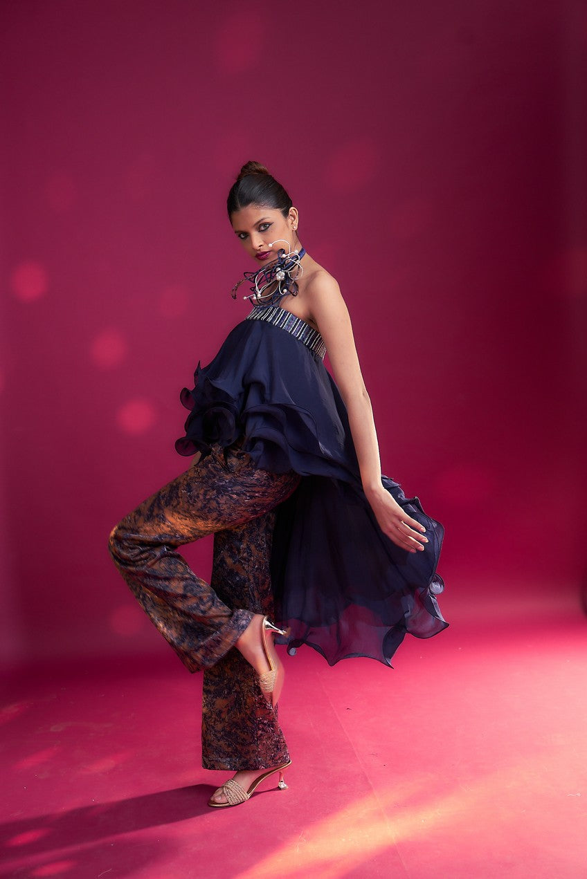 Deep blue embroidered ruffled top with ajrakh pants