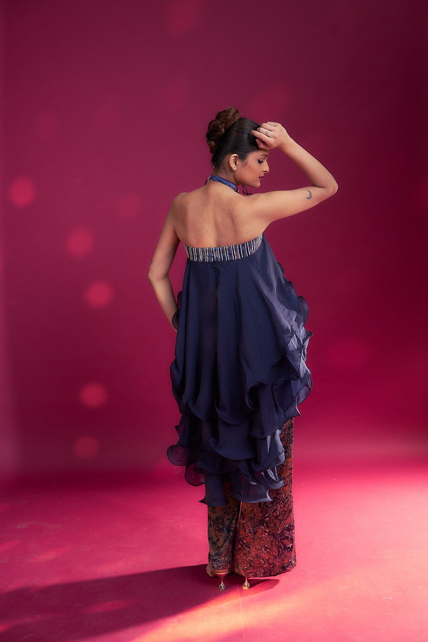 Deep blue embroidered ruffled top with ajrakh pants