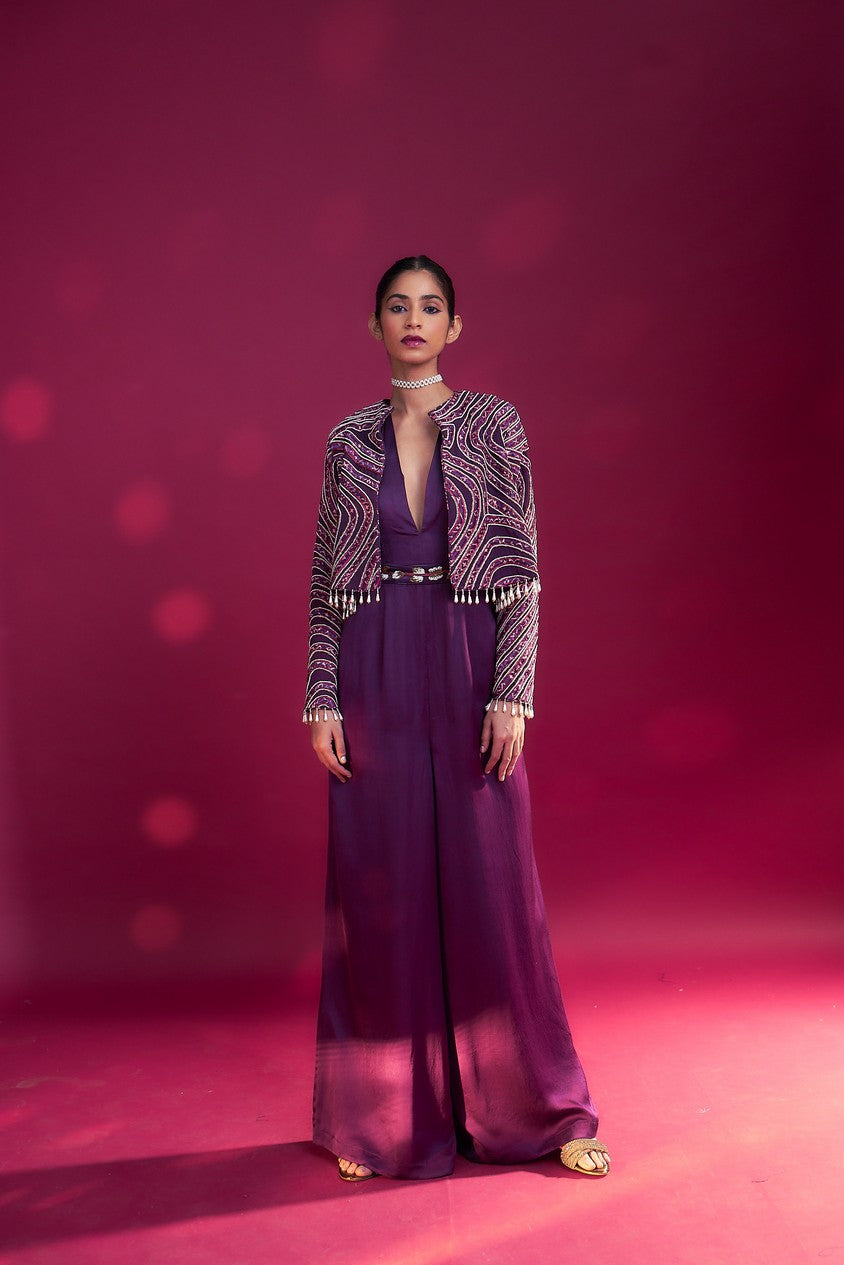 Dark purple deep V neck jumpsuit with Ajrakh ebellsihed jacket