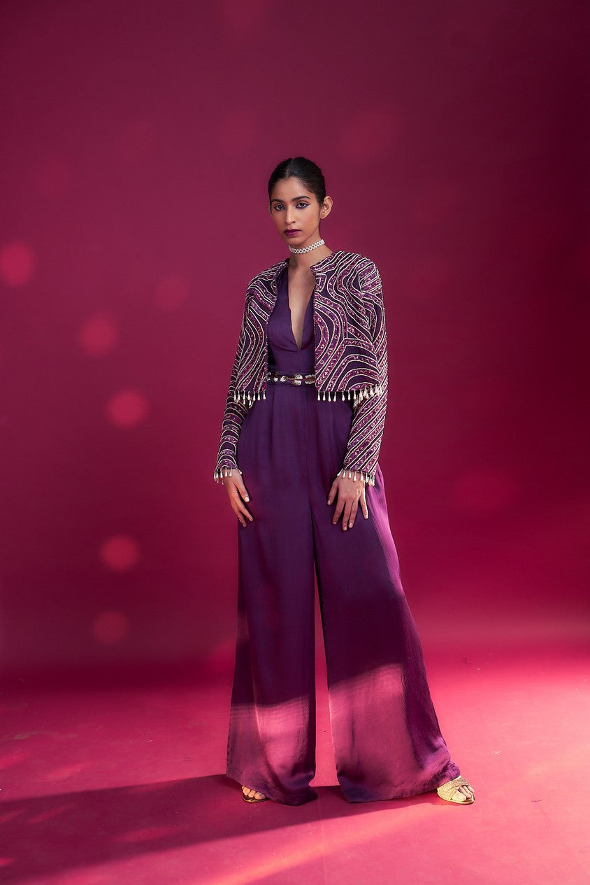 Dark purple deep V neck jumpsuit with Ajrakh ebellsihed jacket
