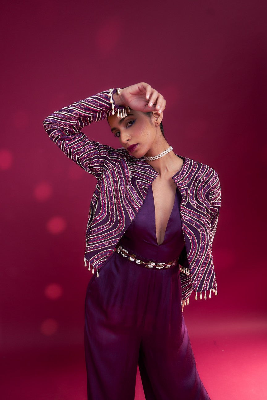 Dark purple deep V neck jumpsuit with Ajrakh ebellsihed jacket