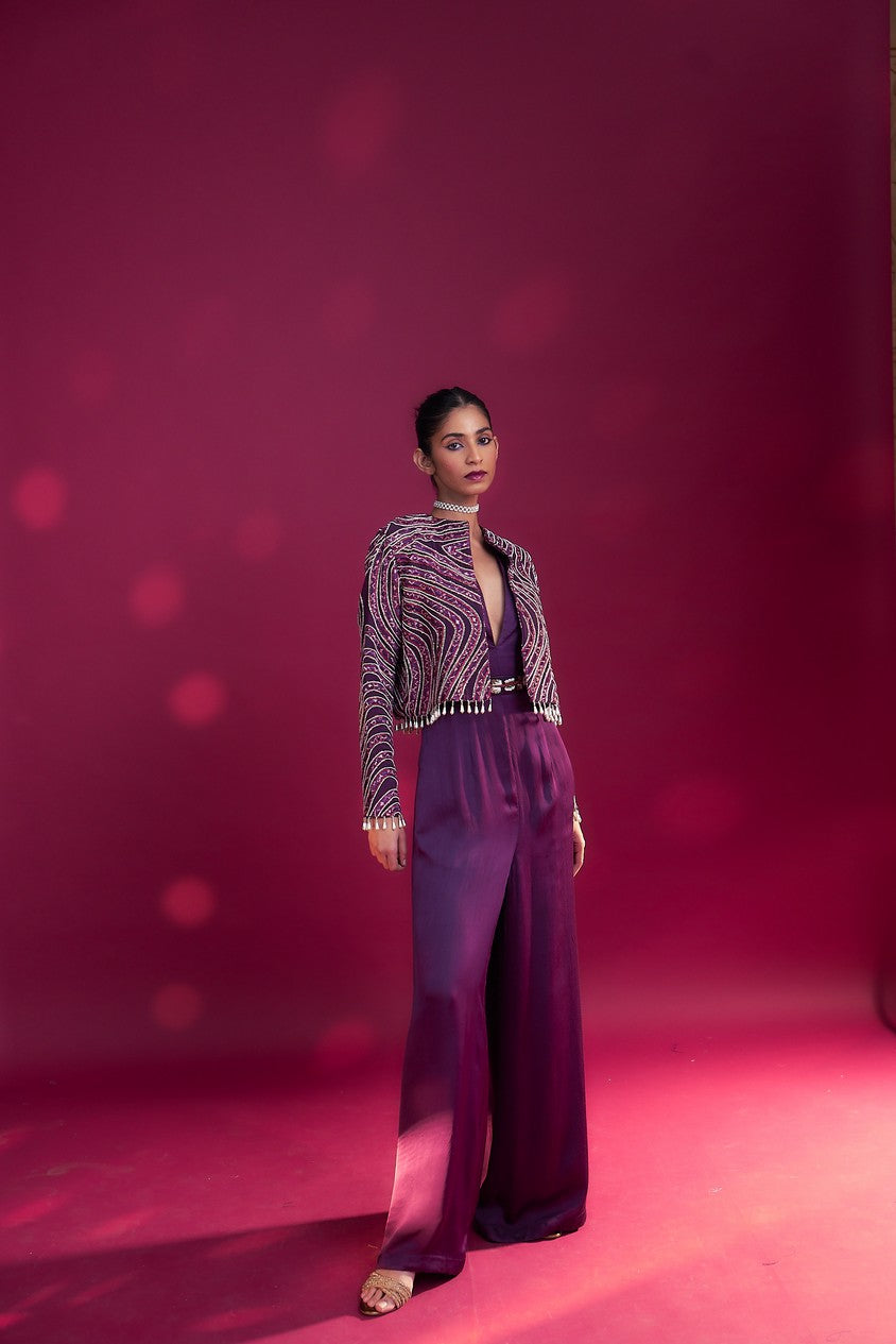 Dark purple deep V neck jumpsuit with Ajrakh ebellsihed jacket