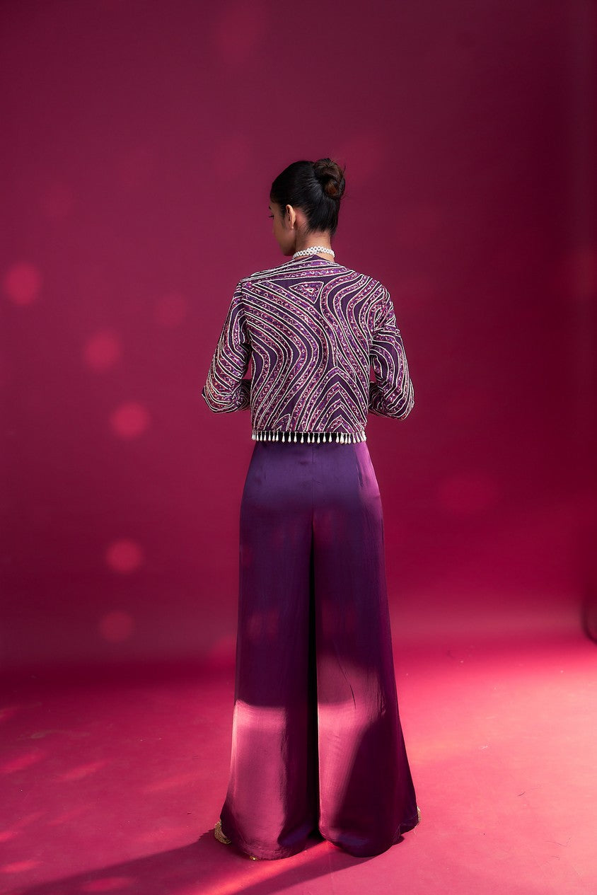 Dark purple deep V neck jumpsuit with Ajrakh ebellsihed jacket