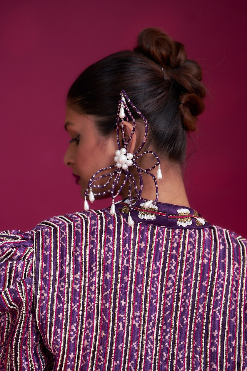 Dark purple Ajrakh embroidered jacket with bralette and dhoti skirt