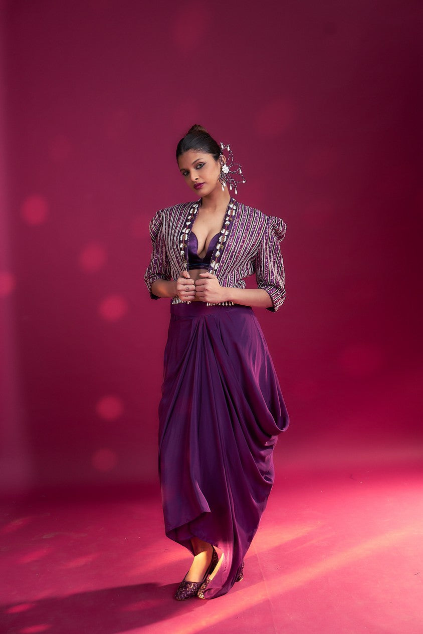 Dark purple Ajrakh embroidered jacket with bralette and dhoti skirt