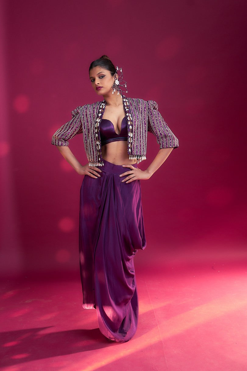 Dark purple Ajrakh embroidered jacket with bralette and dhoti skirt