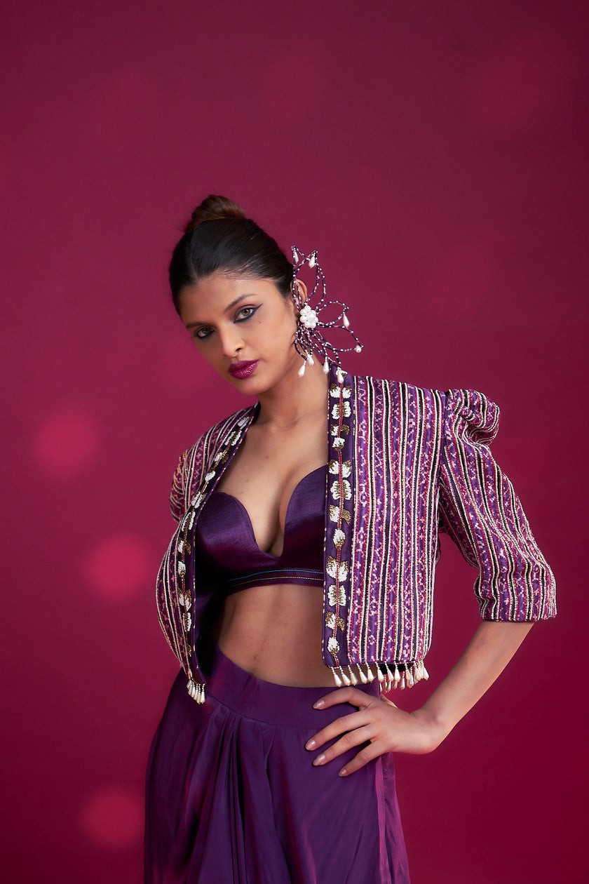 Dark purple Ajrakh embroidered jacket with bralette and dhoti skirt